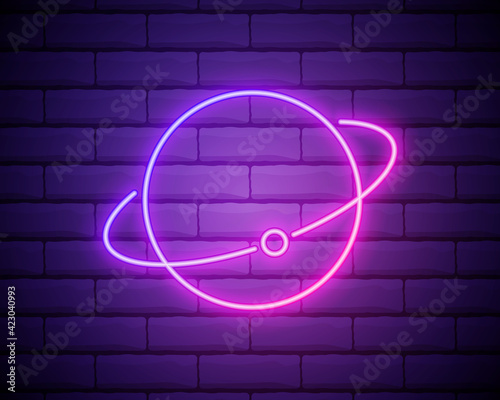 Earth and Moon neon icon. Elements of Space set. Simple icon for websites, web design, mobile app, info graphics isolated on brick wall
