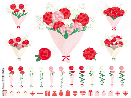 カーネーションとバラを花束にしたイラストセット 母の日に贈る花