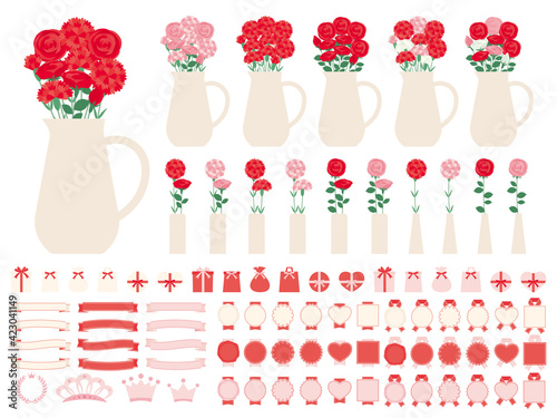 カーネーションとバラを入れた花瓶のイラストセット 母の日に贈る花