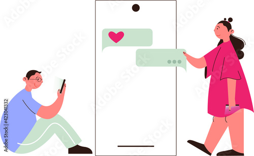 a woman communicates with her boyfriend via video link. he showers her with hearts, the girl rejoices. in the background, their correspondence in messengers. vector illustration