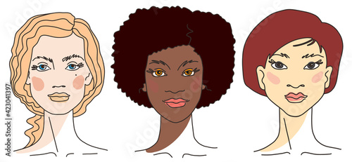 Three women of different nationalities and cultures together. Vector illustration