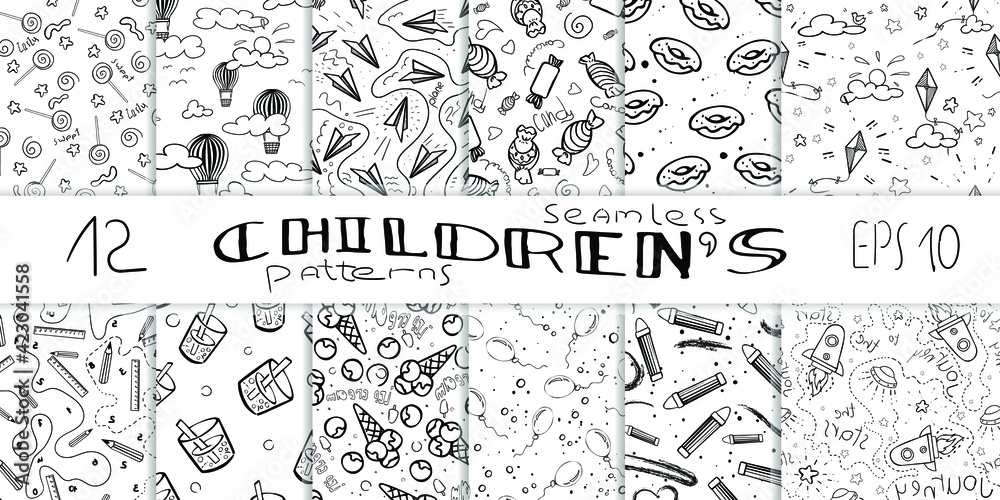 Obraz premium Set of seamless patterns. Vector children's illustration on a white background for boys and girls. Elements of rockets, stars, kite, hot air balloon, paper plane, ship, candy, ice cream, pencils.Eps10