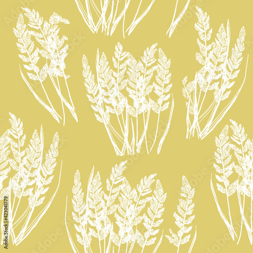 Seamless decorative hand drawn floral pattern with white fluffy dry grass stems on yellow background. Vintage retro style. Vector design for fabric textile, wallpaper, wrapping paper, package, cover.