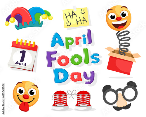 April fools day, text with emoticons and holiday symbols