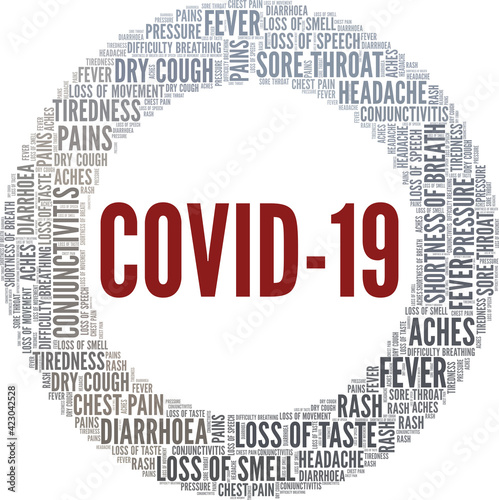 Covid-19 symptoms word cloud isolated on a white background.