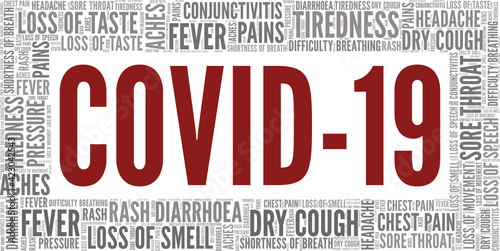 Covid-19 symptoms word cloud isolated on a white background.