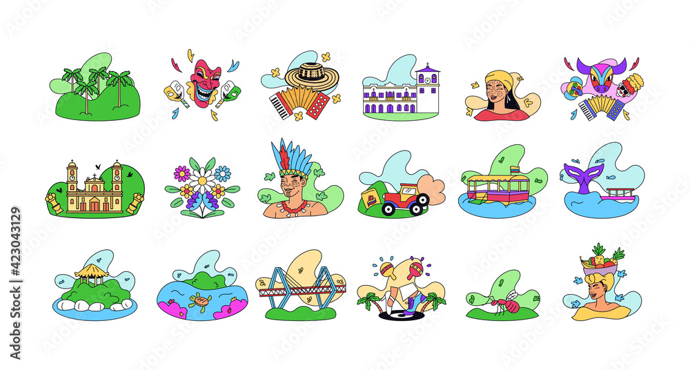 Obraz premium Set of Colombian tourist attractions - Vector illustration