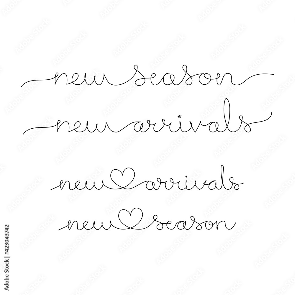 New season - New arrivals. Handwritten lettering text signs. Continuous one line drawing. Minimalist art. New season - New arrivals. Handwritten lettering text signs. Continuous one line drawing. Minimalist art.