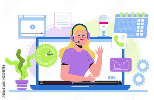 Technical support or call center concept vector. Hotline in company. 24 on 7 manager working. Online interview or remote class, distant tutorial, video blogger conducting