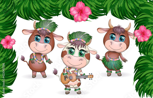 Tropical new year 2021  celebration. Group of cows and bulls as hula dancers with acoustic ukulele guitars  Hawaii