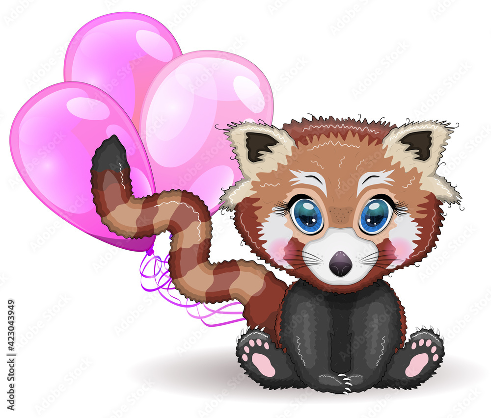 Fototapeta premium Red panda, cute character with beautiful eyes, bright childish style. Rare animals, red book, cat, bear