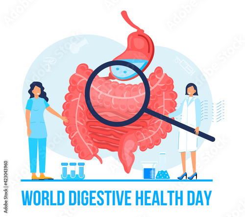 World digestive day is celebrated in 29 May. Intestine probiotic bacteria, lactobacillus info-graphic illustration vector. Tiny doctors treat stomach