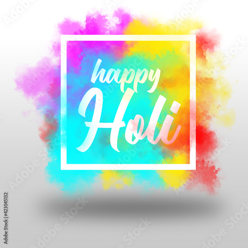 happy holi text in stylish font in box in colorful powdered smoke background
