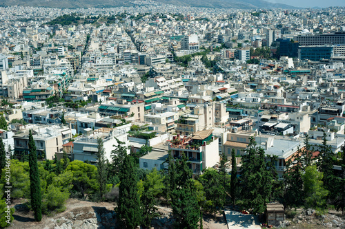 View of Athens from Philoppapos hill on a bright summer day, Athens, Greece