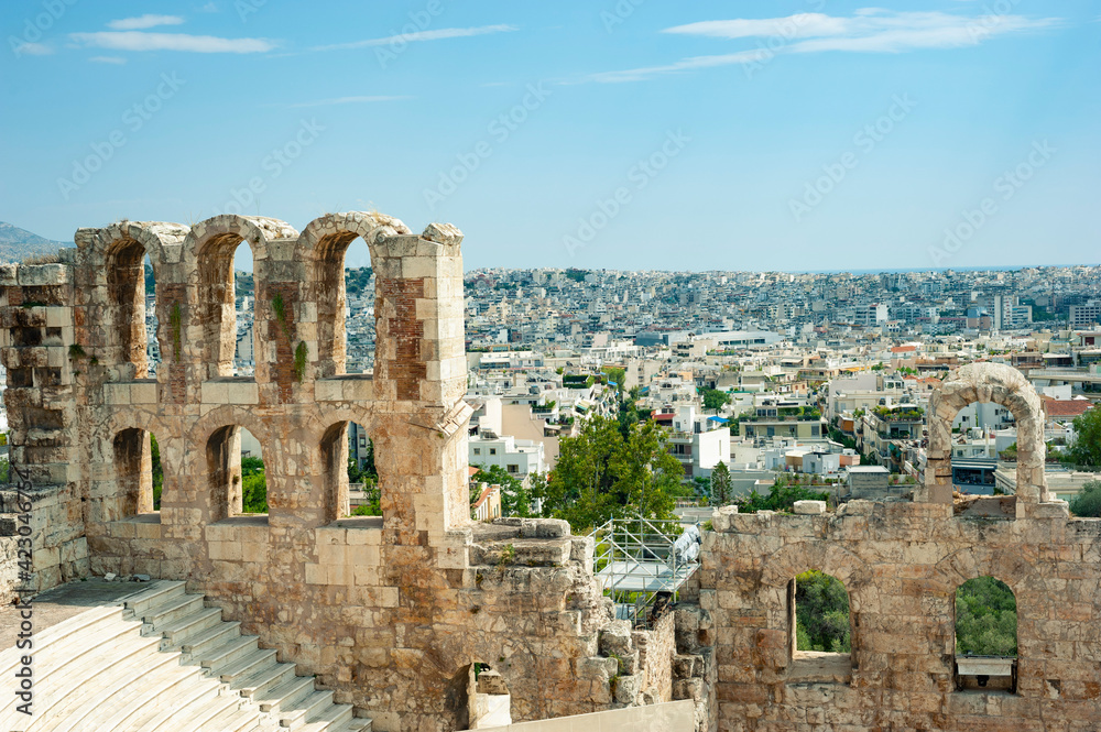 Odeon of Herodes Atticus, view of the ancient building and modern Athens, Athens, Greece