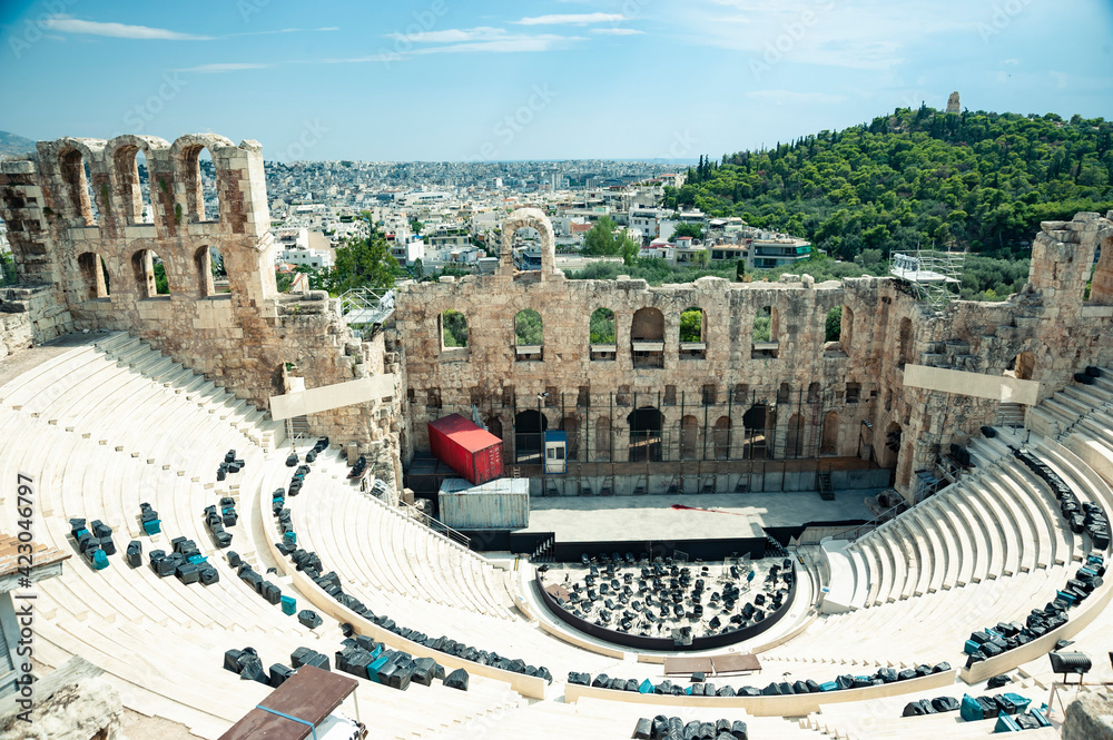 Odeon of Herodes Atticus, view of the ancient building and modern Athens, Athens, Greece