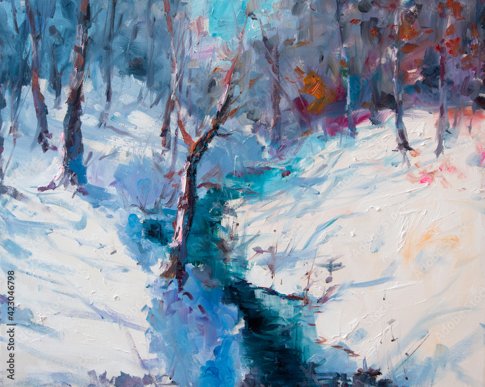 Oil Painting Winter Landscape Art. The Awakening of Nature. Spring is coming.