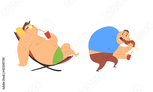 Funny Man Character with Fat Belly Drinking Soda Lounging and Eating Greedily Fried Chicken Leg Vector Set