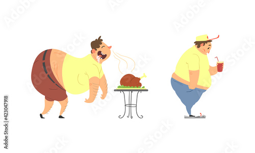 Funny Man Character with Fat Belly Drinking Soda and Smelling Roasted Chicken Vector Set