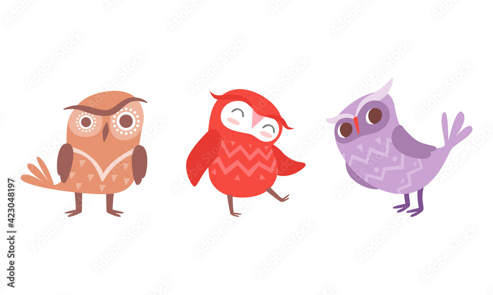 Funny Owlet with Big Eyes as Comic Nocturnal Bird Vector Set Funny Owlet with Big Eyes as Comic Nocturnal Bird Vector Set