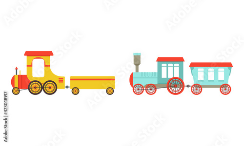 Toy Colorful Train or Locomotive as Rail Transport Vehicle with Wagon Vector Set