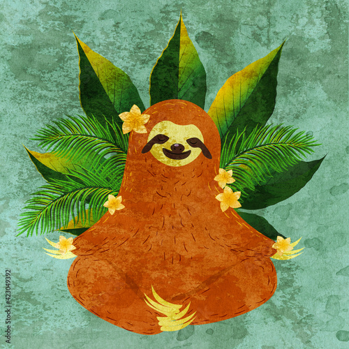 Yoga sloth with tropic plants grunge