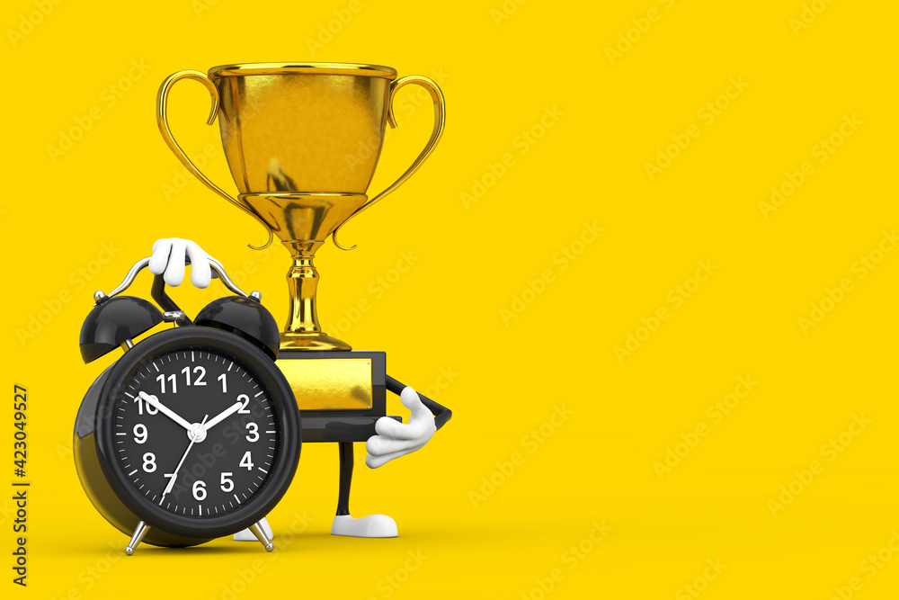 Golden Award Winner Trophy Mascot Person Character with Alarm Clock. 3d Rendering Golden Award Winner Trophy Mascot Person Character with Alarm Clock. 3d Rendering