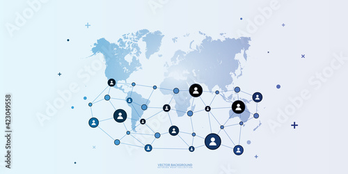 World Map - Business Connections Network - Social Media Concept Design - Vector Illustration