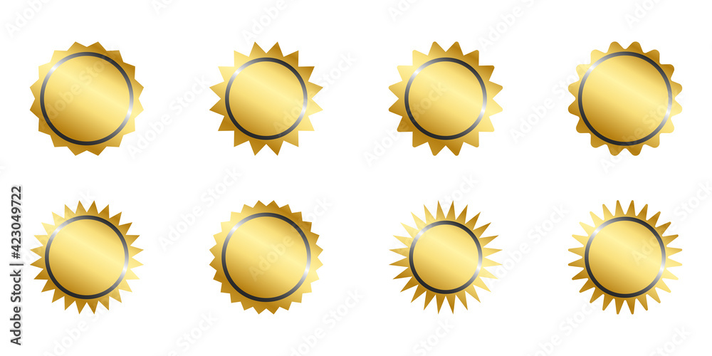Set bundles gold shopping labels collection. Sale or discount sticker. Special offer price tag. Minimalist vector sunburst icon. Set bundles gold shopping labels collection. Sale or discount sticker. Special offer price tag. Minimalist vector sunburst icon.