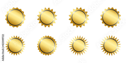 Set bundles gold shopping labels collection. Sale or discount sticker. Special offer price tag. Minimalist vector sunburst icon.