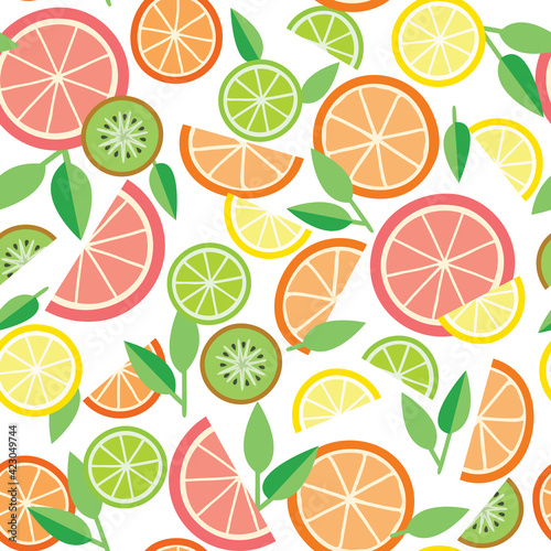 Seamless pattern with fresh slices of lemon, orange, lime, grapefruit, kiwi and leaves on white background. Can be used for textile design, juice, fabric printing, cover, packaging  or wallpaper.