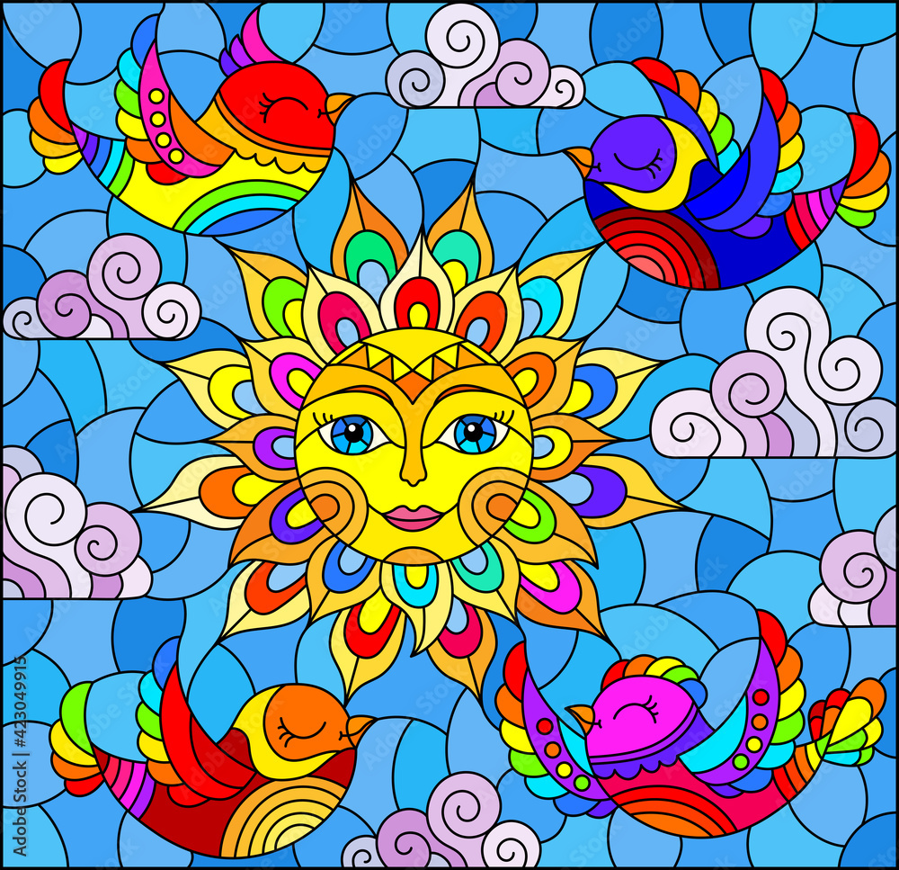 Illustration in stained glass style with bright cute birds and a sun on a background of blue sky, rectangular image