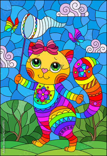 Illustration in the stained glass style with a cute cartoon cat with a butterfly net on the background of a summer landscape, rectangular image