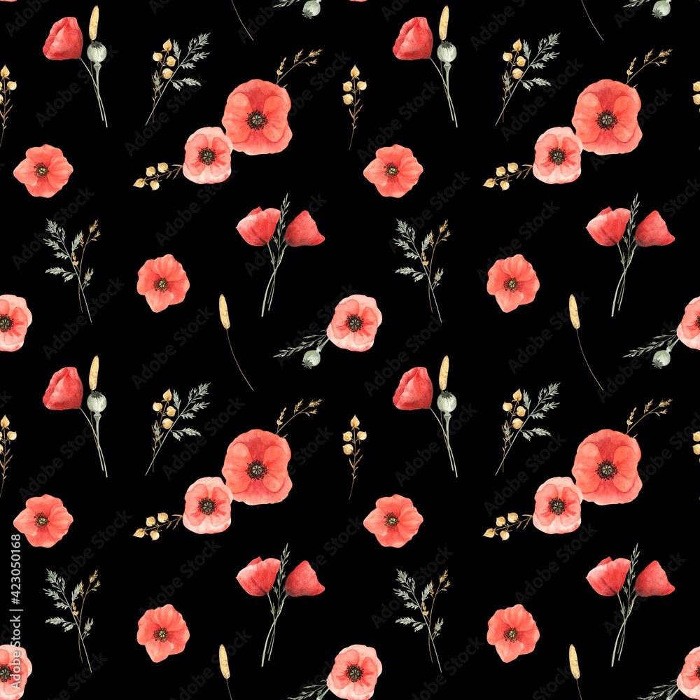 Seamless pattern with red poppies and wild herbs on black isolated background. Elegant watercolor illustration. Beautiful design for fabric, wallpaper, wrapping paper and more. Seamless pattern with red poppies and wild herbs on black isolated background. Elegant watercolor illustration. Beautiful design for fabric, wallpaper, wrapping paper and more.