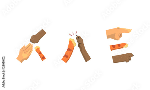 Animal Paw and Human Hand Gesturing Pointing and Giving High Five Vector Set