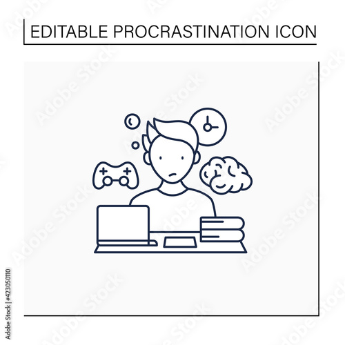 Brain procrastination line icon.Tired person. Need breaks.Too many tasks. Overload concept. Isolated vector illustration.Editable stroke