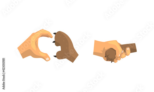 Dog Paw and Human Hand Gesturing Clutching and Shaking Hands Vector Set
