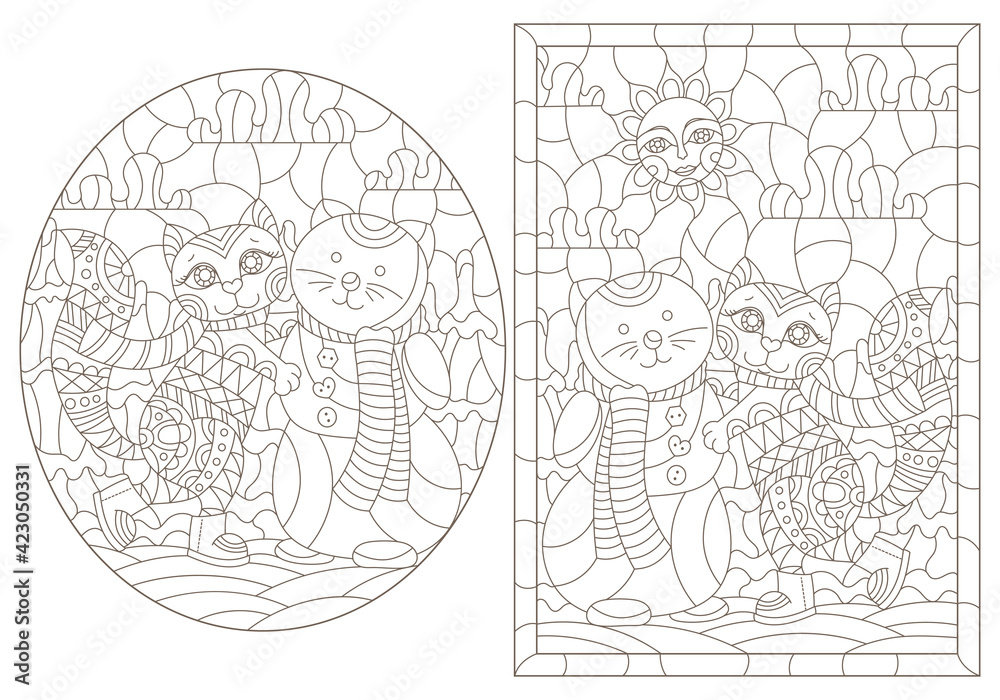 Set of contour illustrations in a stained glass style with cute cartoon kittens and snowmans on a winter landscape background, dark outlines on a white background