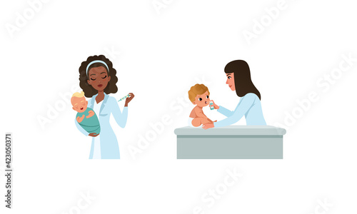 Woman Pediatrician or Medical Doctor Performing Baby Checkup and Examination Vector Set