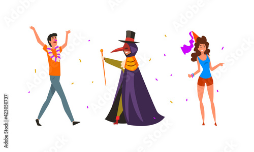 People Characters Wearing Carnival or Masquerade Costumes Vector Illustration Set