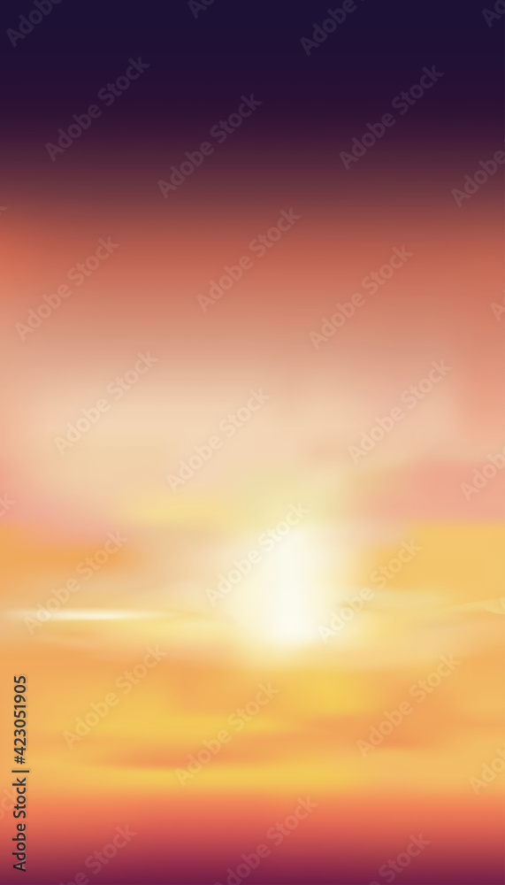 Sky in evening with orange,pink,yellow and dark purple colour, Sunset dusk sky, Dramatic twilight landscape with morning sky,Vector mesh vertical banner of Sunrise for Spring or Summer