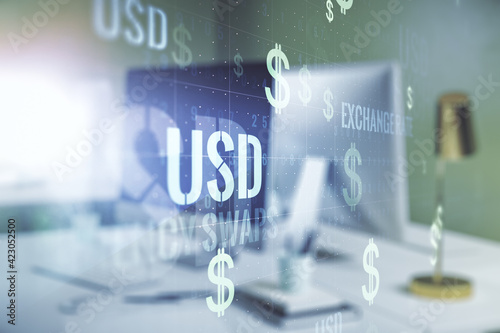 Creative concept of EURO USD symbols illustration on modern laptop background. Trading and currency concept. Multiexposure