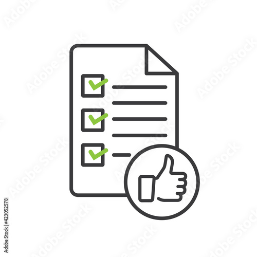 Sheet of paper with green checkers and thumb up.