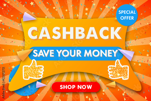 Cashback horizontal banner background with confetti. Banner template for discount, business, advertisement, promotion. Blue,red, yellow color. Stock vector illustration.