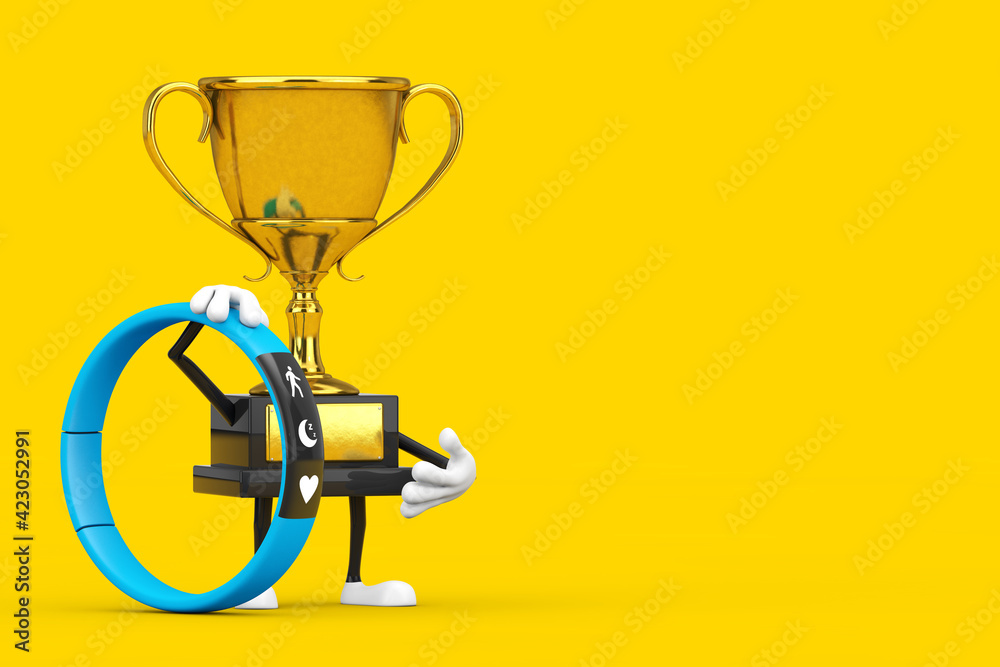 Golden Award Winner Trophy Mascot Person Character with Blue Fitness Tracker. 3d Rendering Golden Award Winner Trophy Mascot Person Character with Blue Fitness Tracker. 3d Rendering