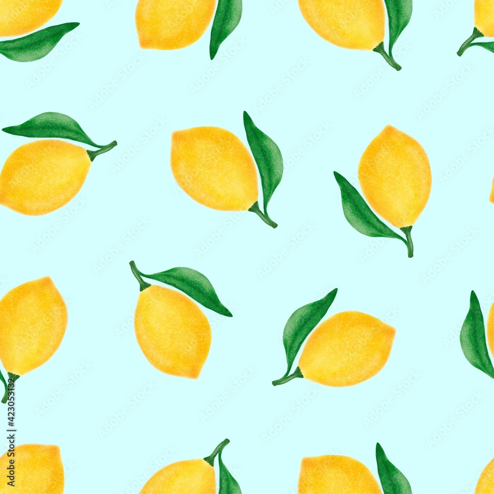 Seamless pattern from bright yellow lemons on a pastel blue background. Background from watercolor lemons for textiles, prints, postcards. Citrus pattern. Seamless pattern from bright yellow lemons on a pastel blue background. Background from watercolor lemons for textiles, prints, postcards. Citrus pattern.