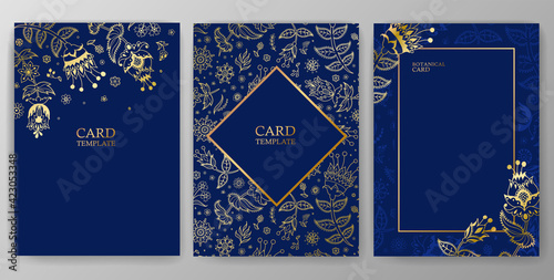 Floral set of vector card with golden decorative flowers, wedding invitation. Can be used for - save the date, Mother day, Valentine day, birthday cards.