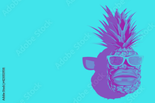 Fresh Ripe Tropical Healthy Nutrition Pineapple Fruit with Big Lips and Sunglasses in Duotone Style. 3d Rendering