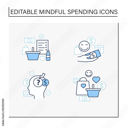 Mindful spendings line icons set.Shopaholism, designate guilt-free spending money, shopping list, stress. Buying fewer concepts. Isolated vector illustrations. Editable stroke