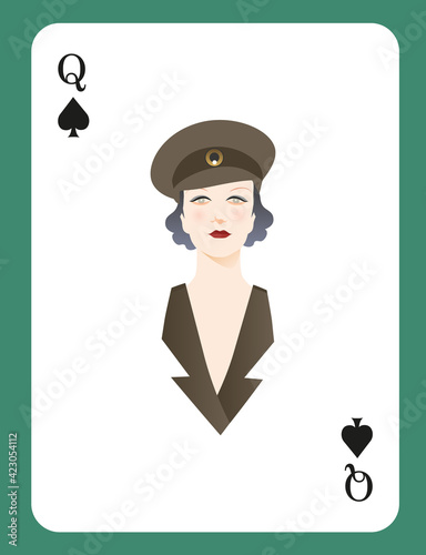Queen of Spades. Elegant lady dressed wearing retro military style hat.